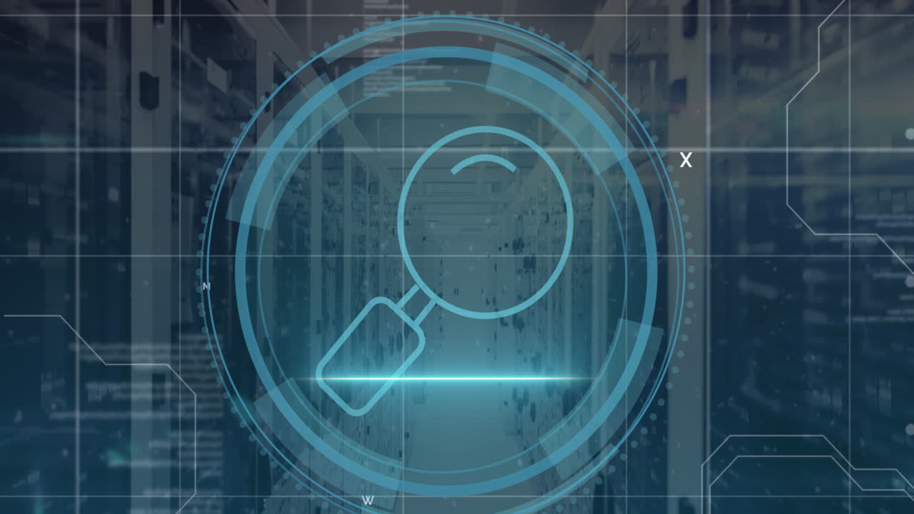 animación de banner de texto de seguridad cibernética y procesamiento de datos contra la sala de servidores de computadoras