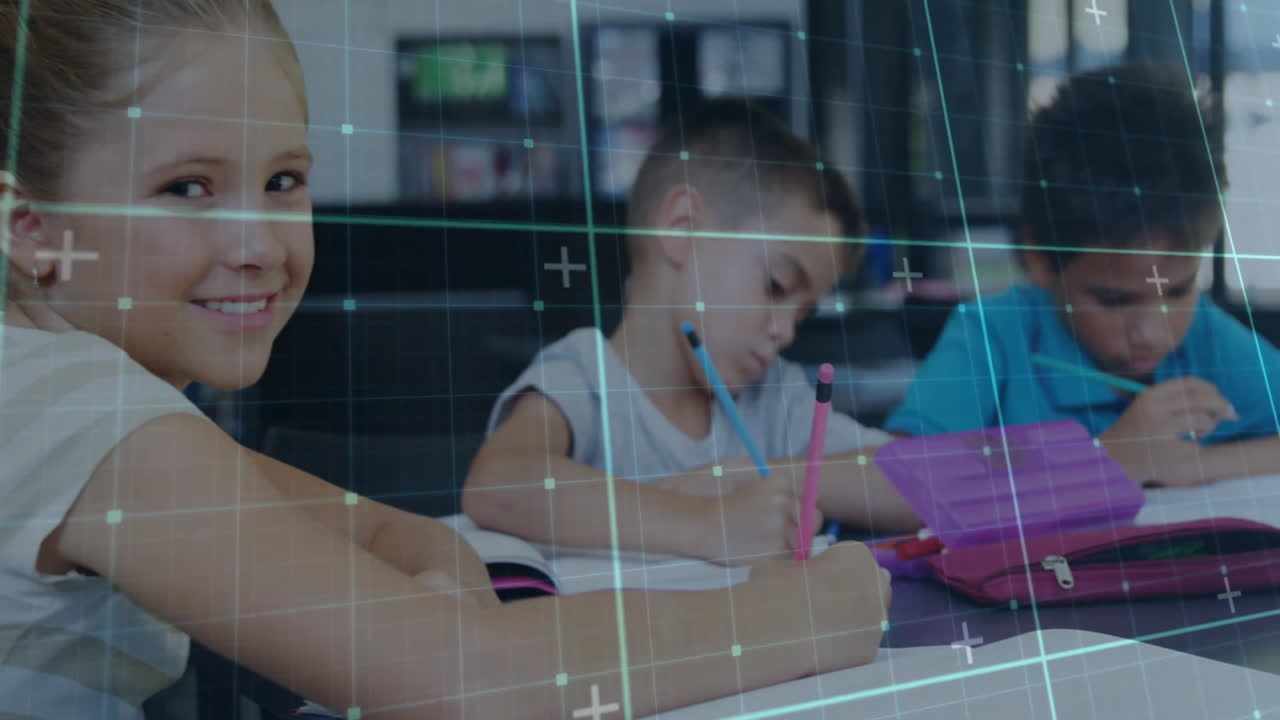 Three students writing at school desk, showing animated pencil and book icons for education