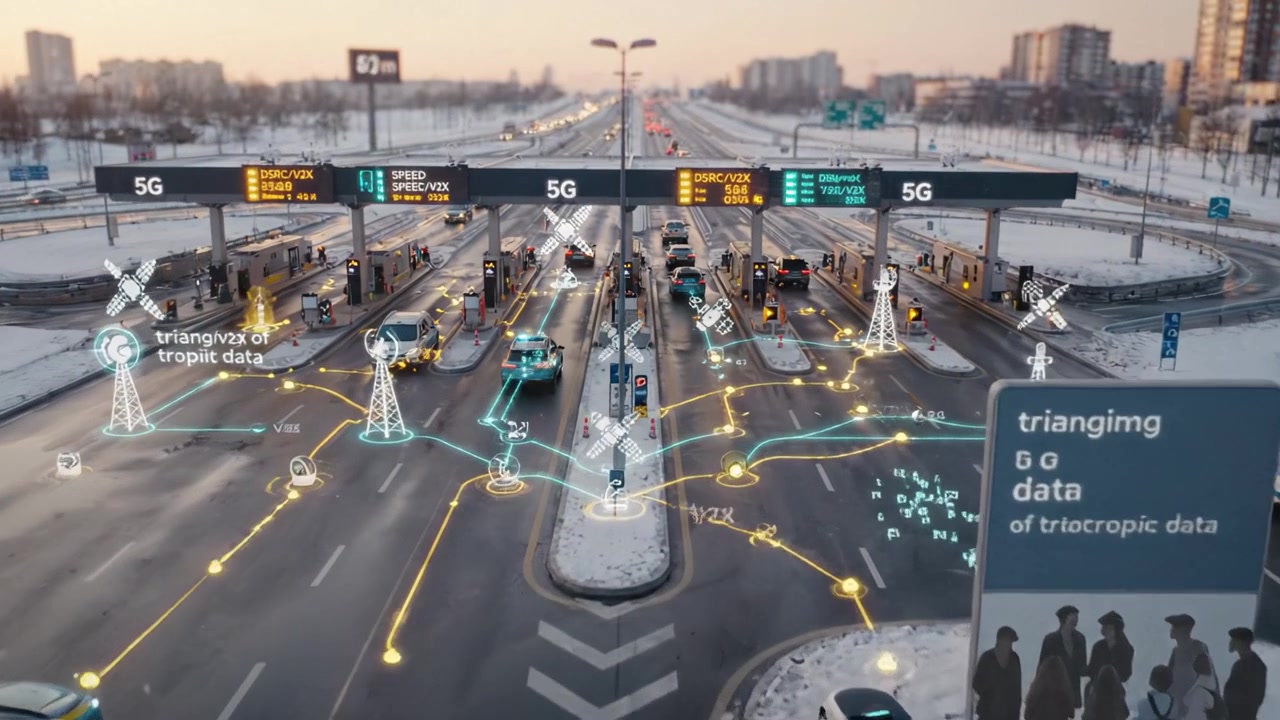 Una scena di traffico urbano futuristica che mostra veicoli intelligenti, infrastrutture connesse e tecnologia avanzata che attraversano un casello autostradale automatizzato al tramonto.