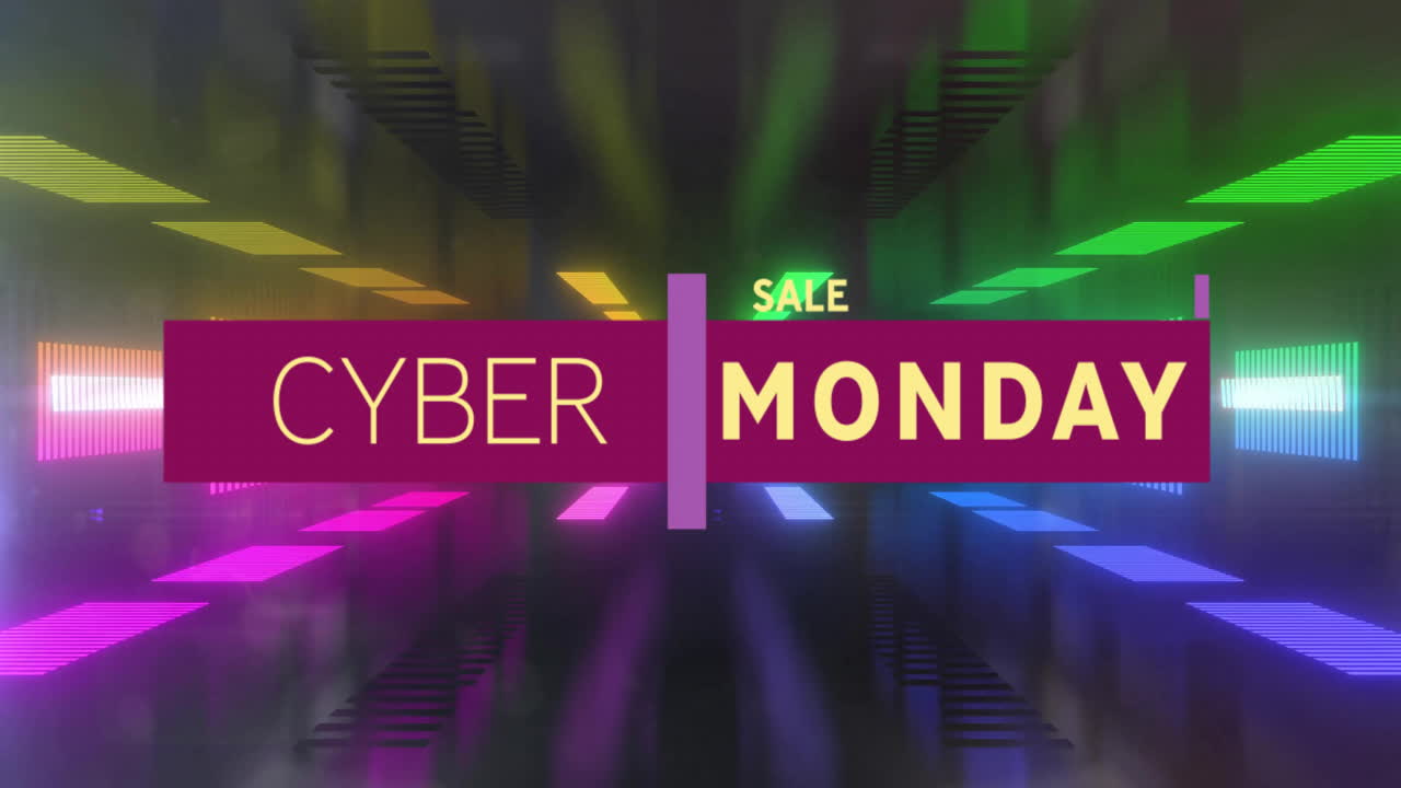 Animation of cyber monday text and data processing over neon background