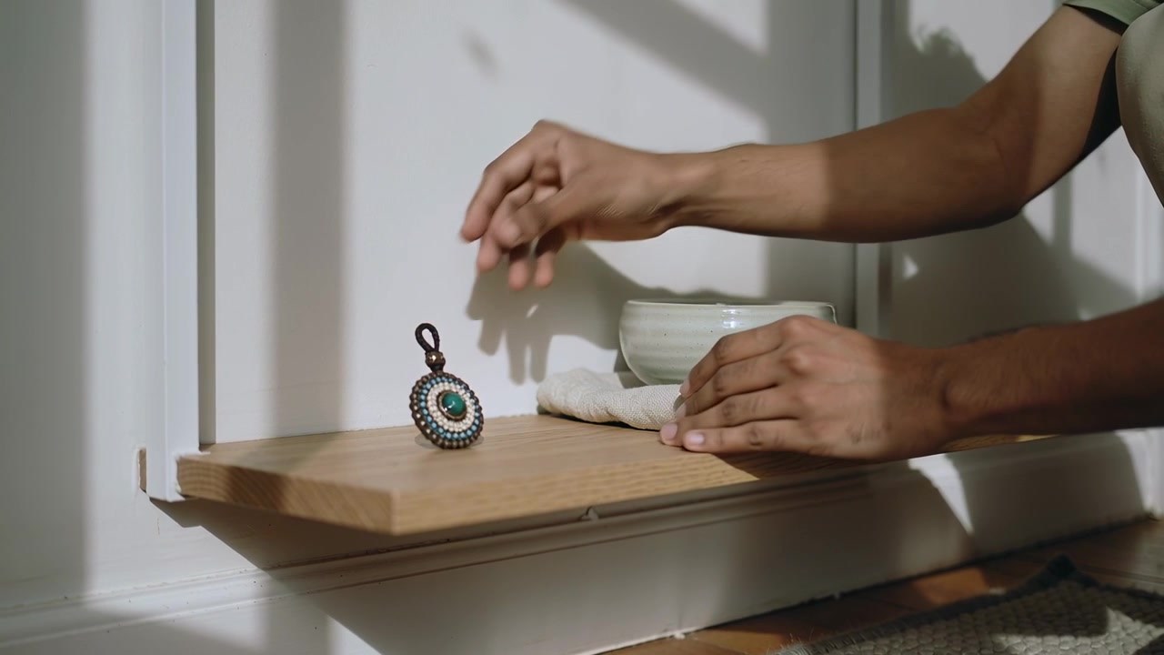 Person Placing Decorative Evil Eye Amulet on Wooden Shelf