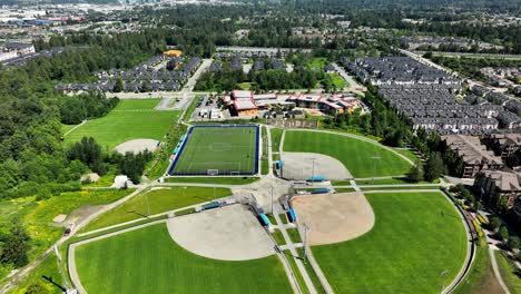 vista aérea del parque comunitario de yorkson y la escuela secundaria de yorkson creek en langley, columbia británica, canadá