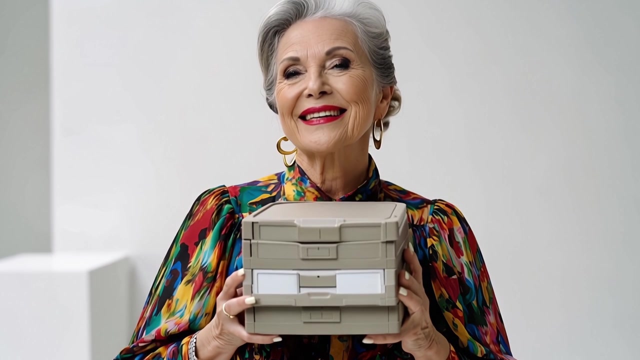 Mulher idosa sorridente segurando caixas de disquetes retrô.