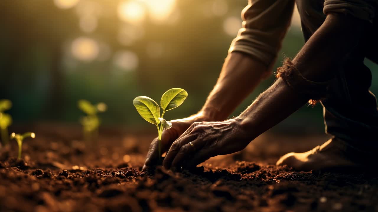 Close-up, low-angle shot of hands planting a seedling in soil, bathed in warm sunlight