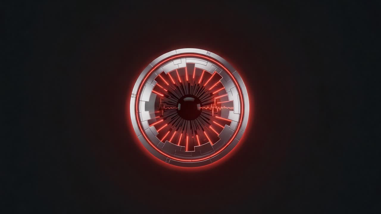 Design futuristico per occhi che enfatizza l'energia pulsante e l'estetica high-tech in un ambiente scuro, mettendo in mostra una miscela di elementi meccanici e organici