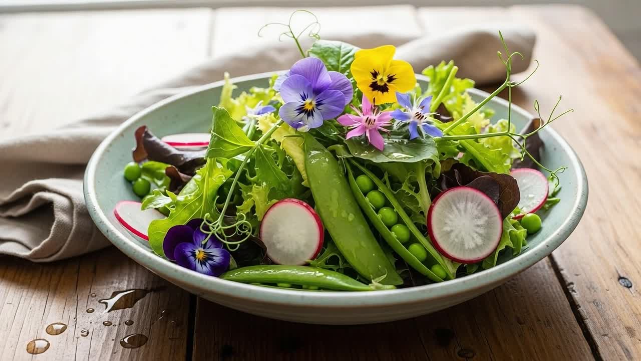 A Fresh and Colorful Salad: Vibrant Greens, Edible Flowers, and Crisp Radishes Create a Delightful Culinary Experience for Health Enthusiasts