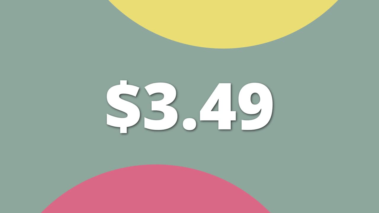 Animazione in flat design con colori vivaci che mostra 3.49. Ideale per l'uso sui social media o per la promozione di prodotti.