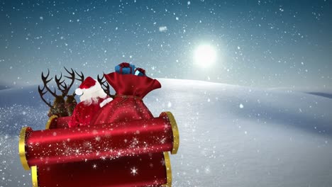 Animation-of-santa-claus-in-sleigh-with-christmas-gifts-and-snow-falling-in-winter-landscape