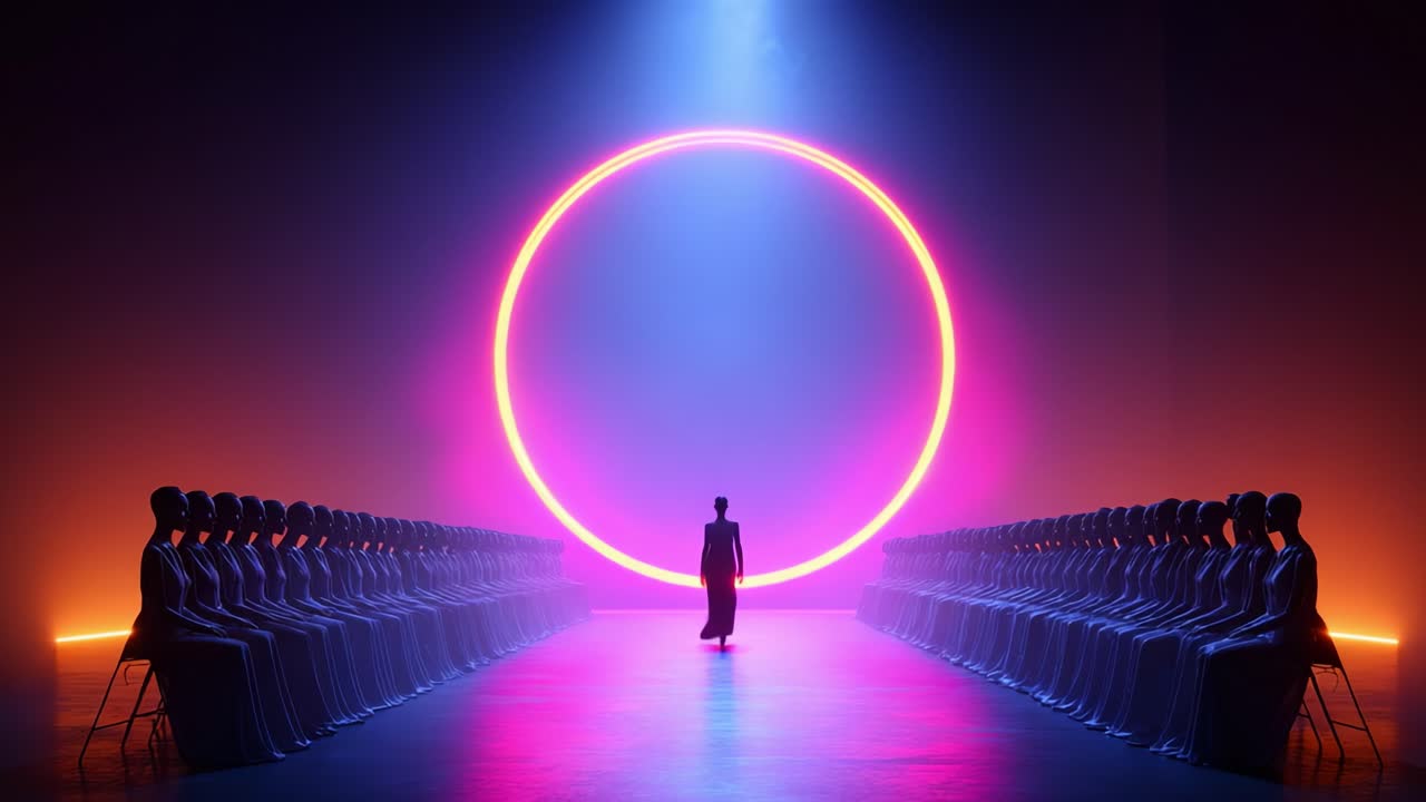 A captivating visual scene showcases a lone figure walking towards a massive glowing circle surrounded by a symmetrically arranged row of seated figures, immersed in vibrant hues of light and color