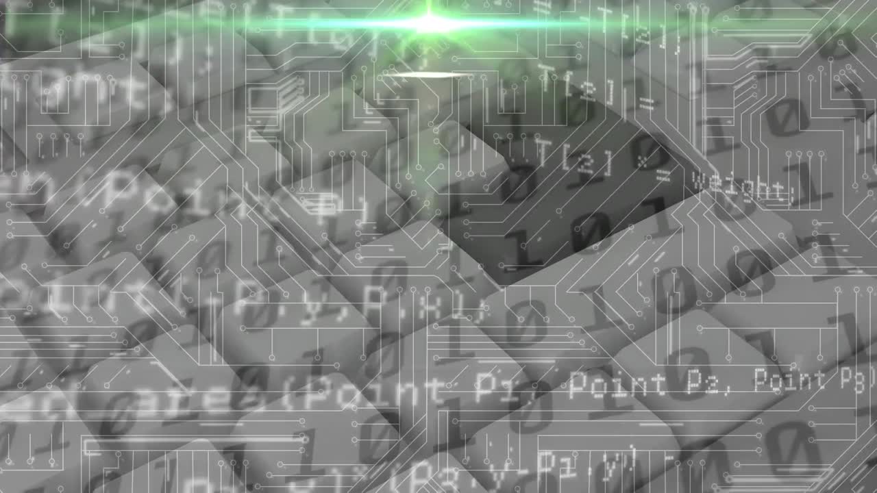 Animation of binary coding, data processing over glowing computer circuit board