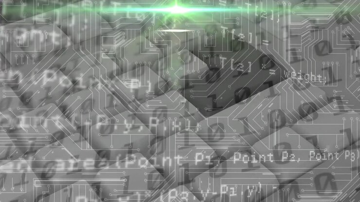 Animation of binary coding, data processing over glowing computer circuit board