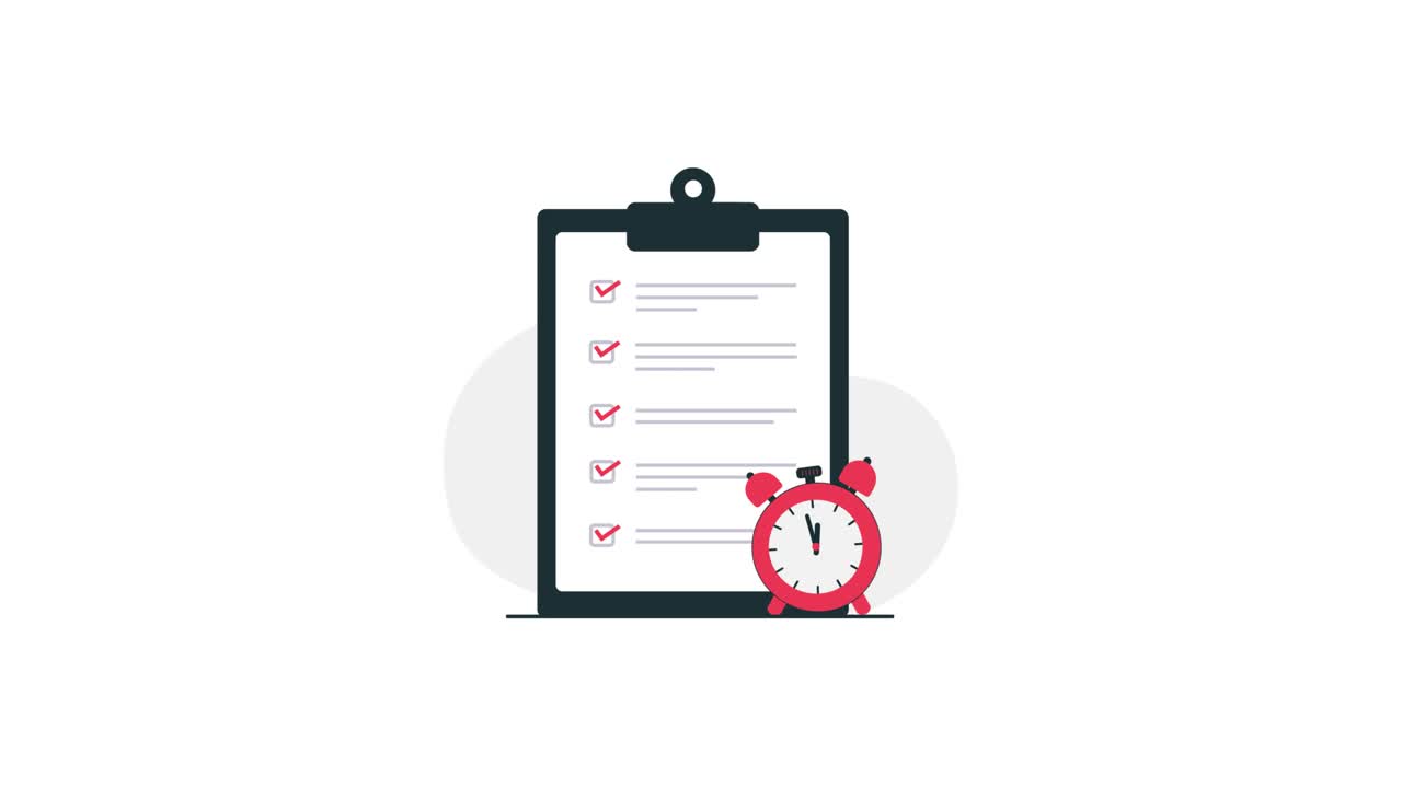 Animated Checklist on Clipboard with Alarm Clock for Time Management