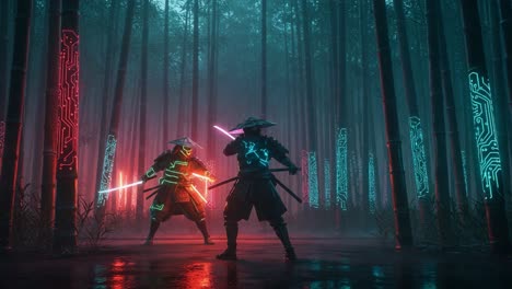 a spectacular duel between two futuristic warriors in a neon-lit bamboo forest, set against a mysterious rainy backdrop with glowing circuit patterns