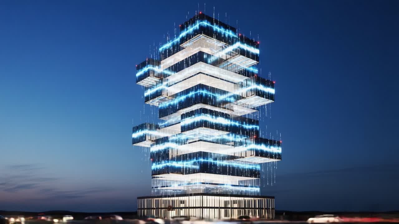 Futuristic Architectural Marvel: A Stunning Glimpse of a Multi-Layered Glass Tower Illuminated Against the Twilight Sky, Luminous and Innovative Design Captured in Motion