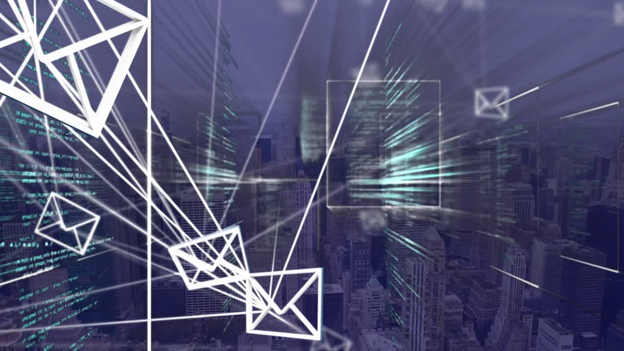 도시 풍경 위의 데이터 처리 및 봉투 아이콘의 애니메이션