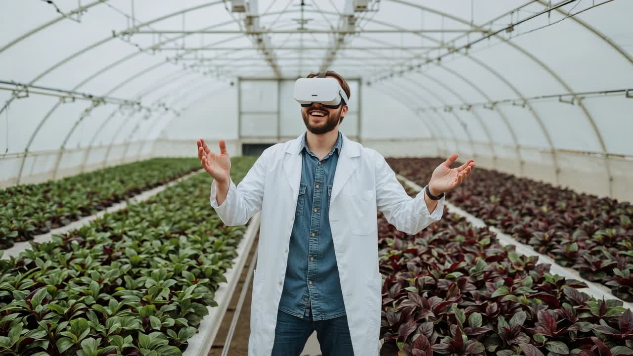 A man using a VR headset in a modern greenhouse