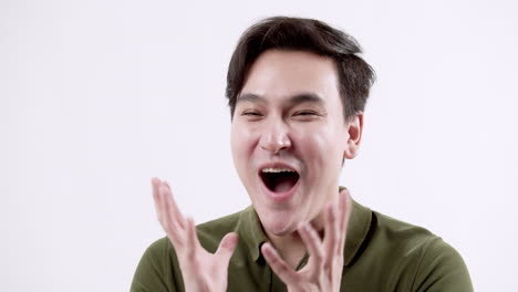 Exciting surprise reaction indoor studio portrait minimalistic close-up emotional expression