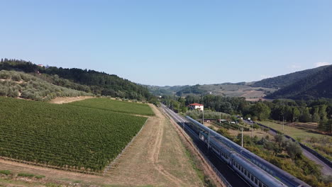 2 trains passing by green vineyards