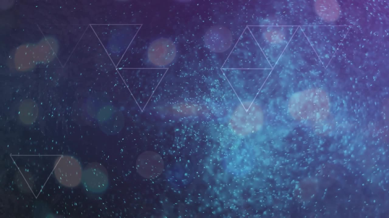 At start blue particle cloud drifting while white triangles sliding, fading to depict cosmic space