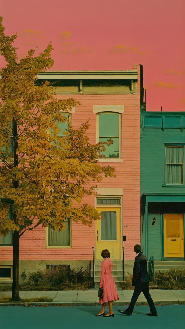 A vintage-style video still shows a man and woman walking past pastel-colored houses at sunset