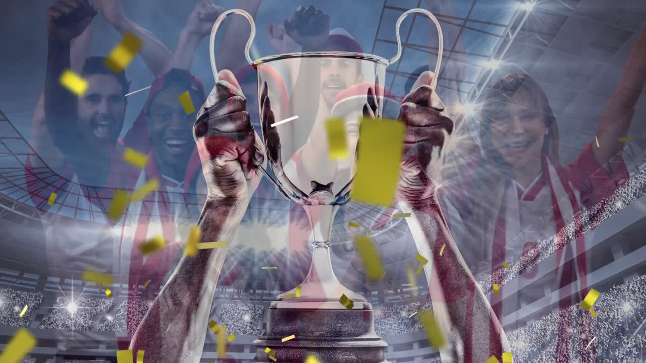 el trofeo del campeonato en el estadio y los aficionados 4k
