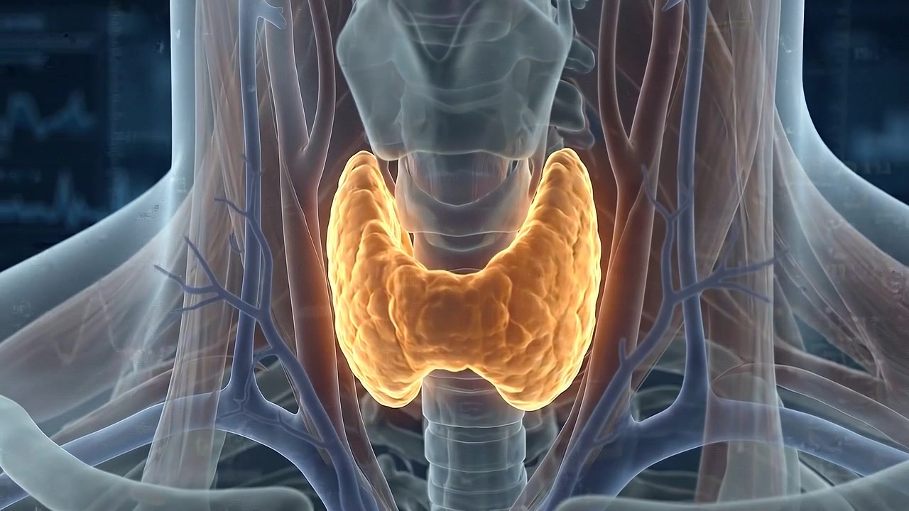 Glowing thyroid gland highlighted inside transparent neck anatomy in medical view