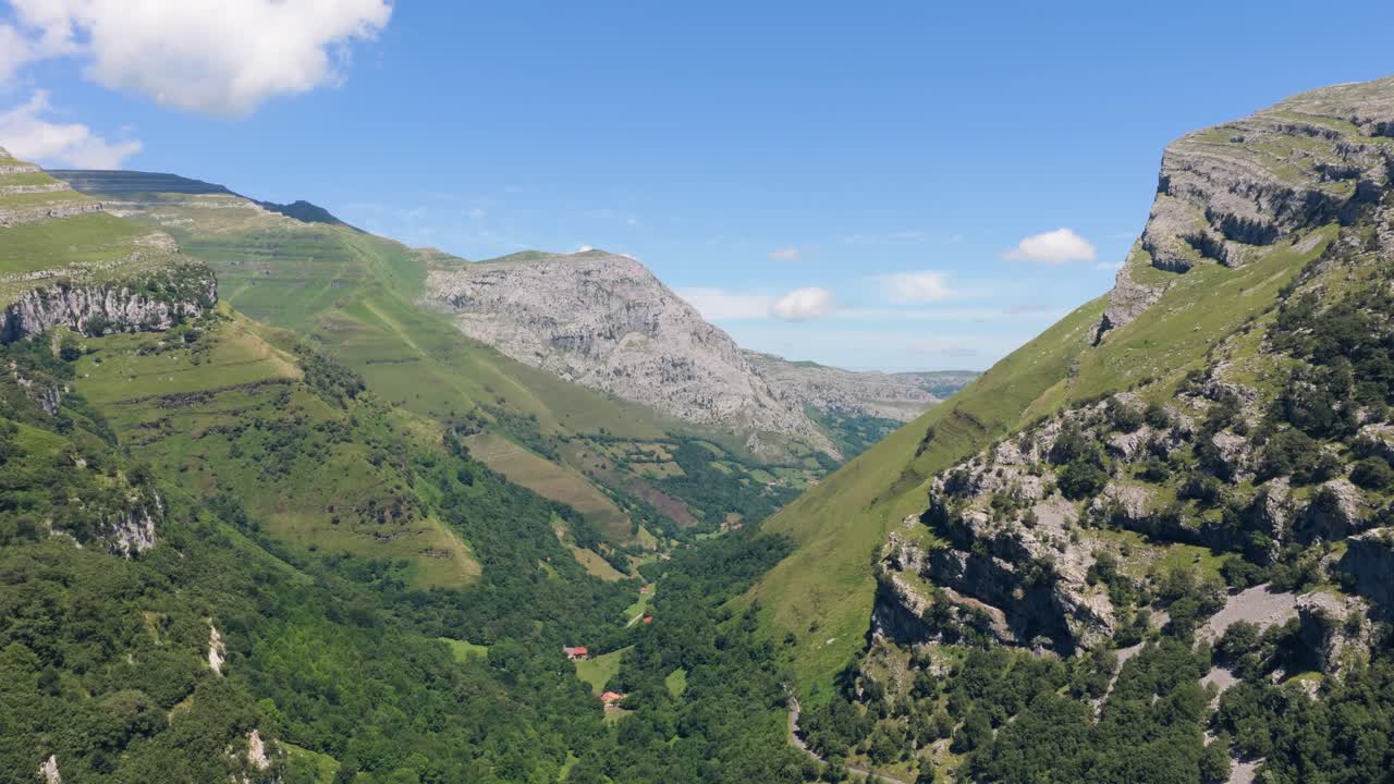 Vista aerea di una rigogliosa valle montana verde in una giornata di sole
