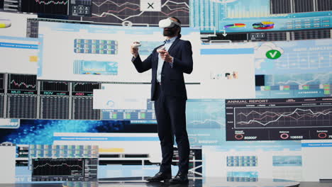 administrator uses vr glasses to analyze digital graphs and business insight