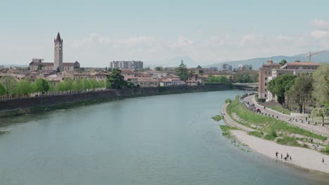 Panorama-Of-Adige-River-With-San-Zeno-Maggiore-Bell-Tower-In-Verona,-Italy