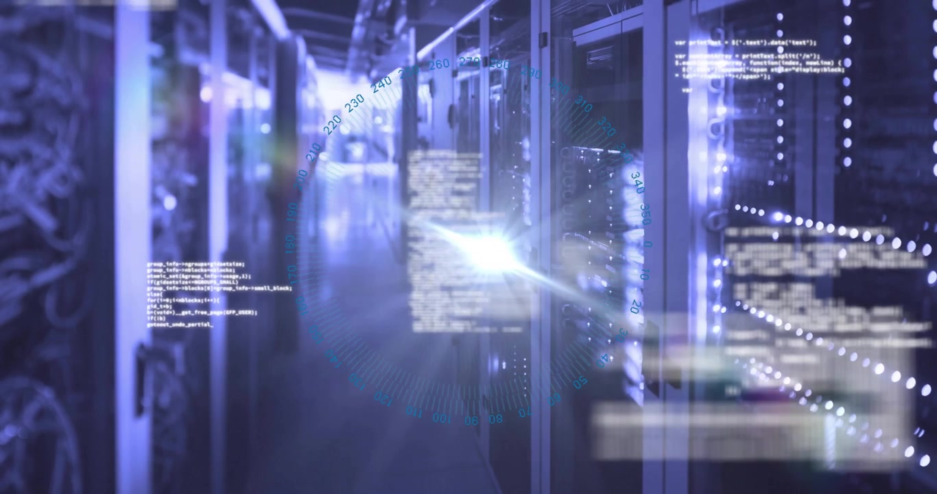 Server racks occupying LED-lit data center hall, streaming code overlays, projecting digital gauge