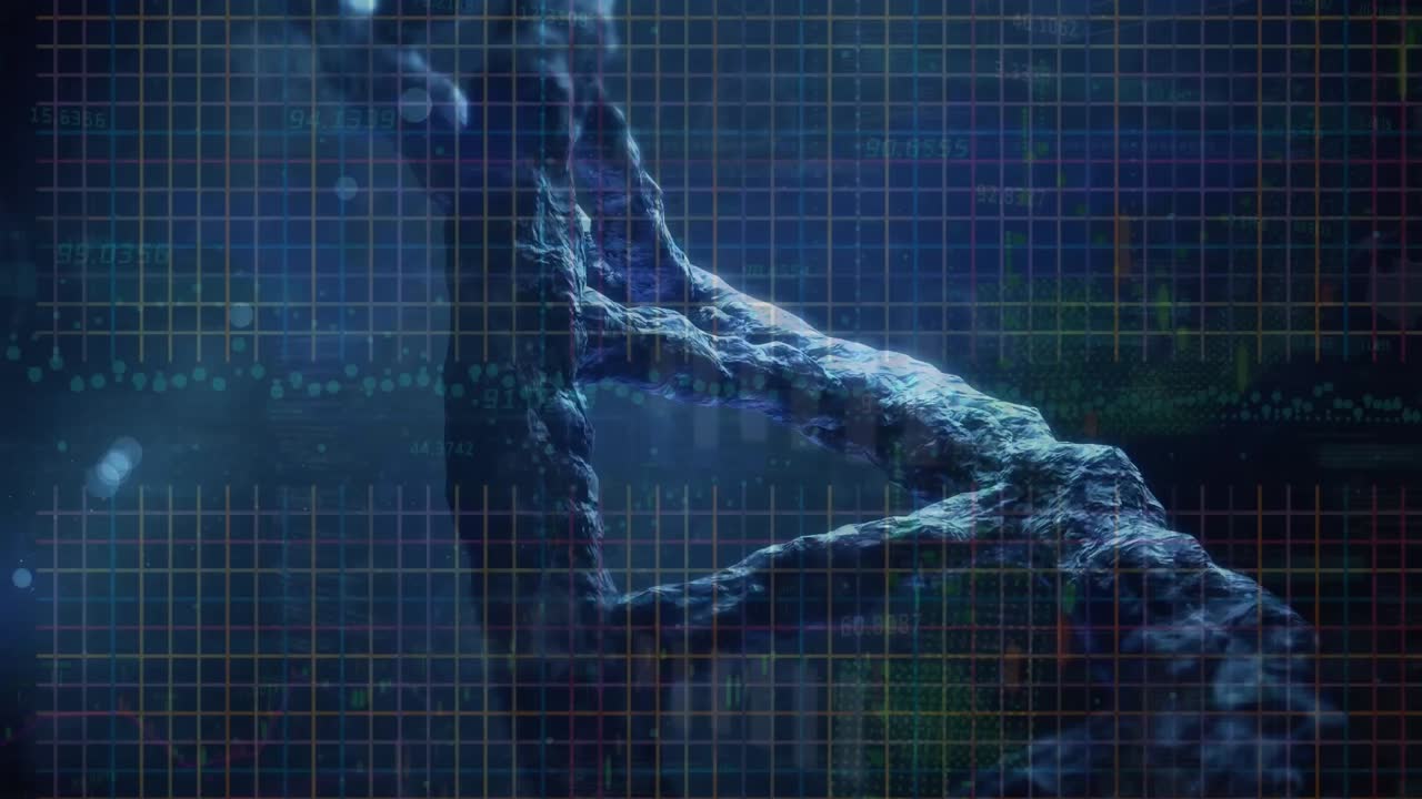 파란색 배경에 대해 회전하는 dna 구조와 금융 데이터 처리의 애니메이션