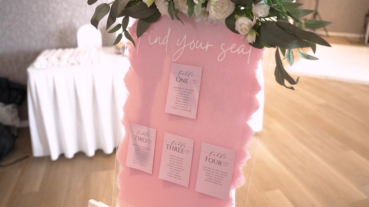 Gæster ser et skilt, der viser dem til deres pladser ved en bryllupsreception. Omgivelserne byder på blomster og et lyst design. Det er en social begivenhed, hvor folk samles for at fejre sammen.