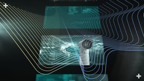 Animation of interface screens processing data, with colourful curved lines floating on black