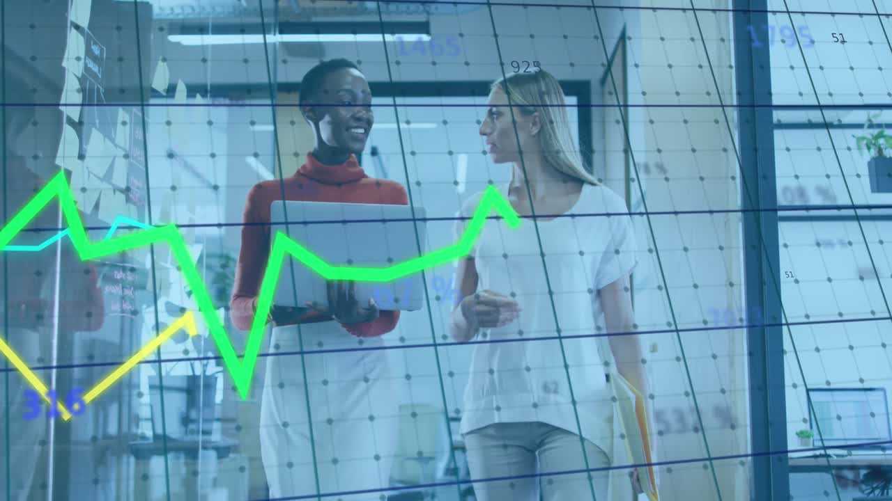 Animation of graphs over diverse female coworkers discussing reports while walking in office