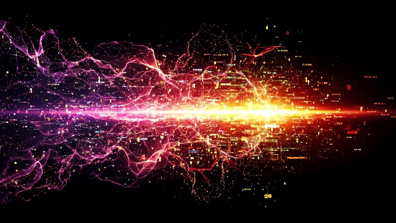 Experience the dynamic visualization of digital data flow, characterized by vibrant colors and captivating motion set against a dark backdrop