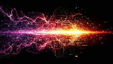 experience the dynamic visualization of digital data flow, characterized by vibrant colors and captivating motion set against a dark backdrop