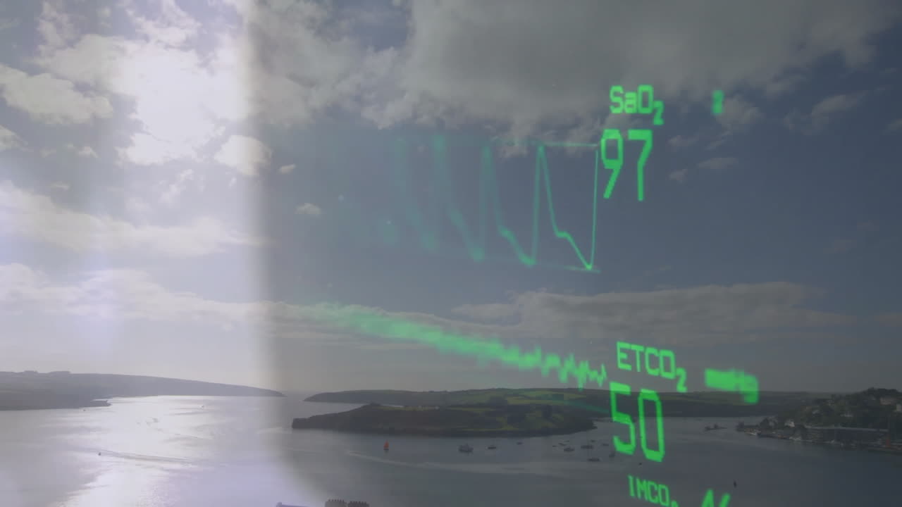 Animation of medical data overlay showing oxygen, carbon dioxide levels over coast