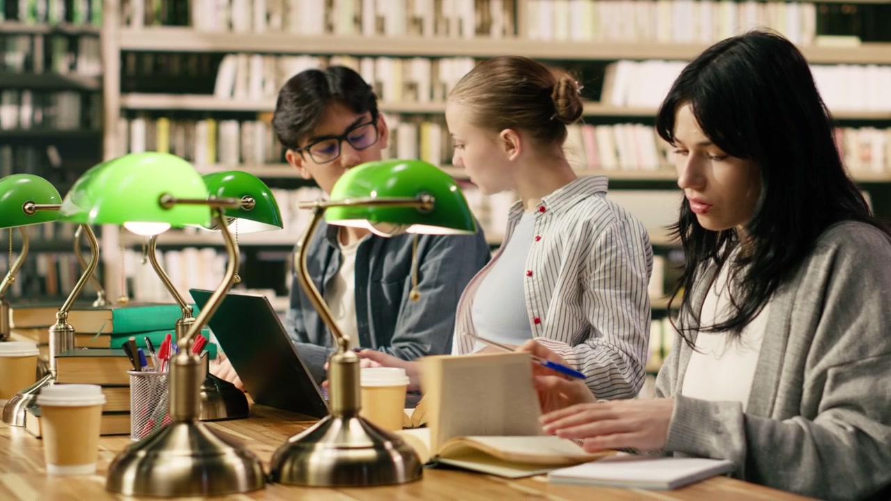 Giovani studenti universitari leggono e scrivono a un tavolo condiviso in biblioteca con libri.