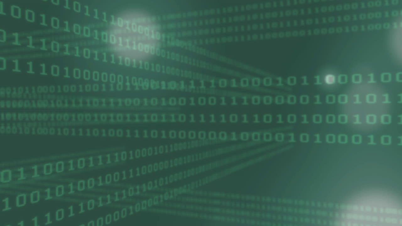 Digitally generated video of binary coding and glowing spots moving against green background