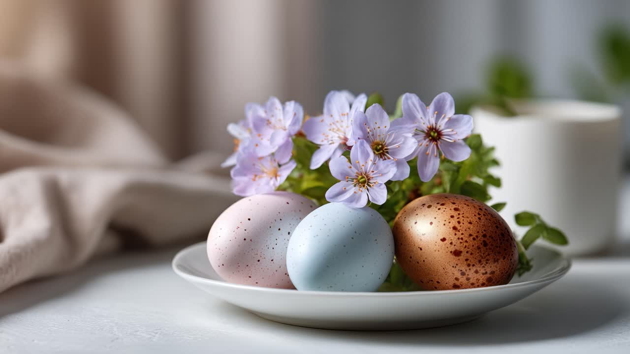 Beautifully decorated Easter eggs in soft pastel colors arranged on a plate alongside delicate purple flowers, creating a serene springtime atmosphere