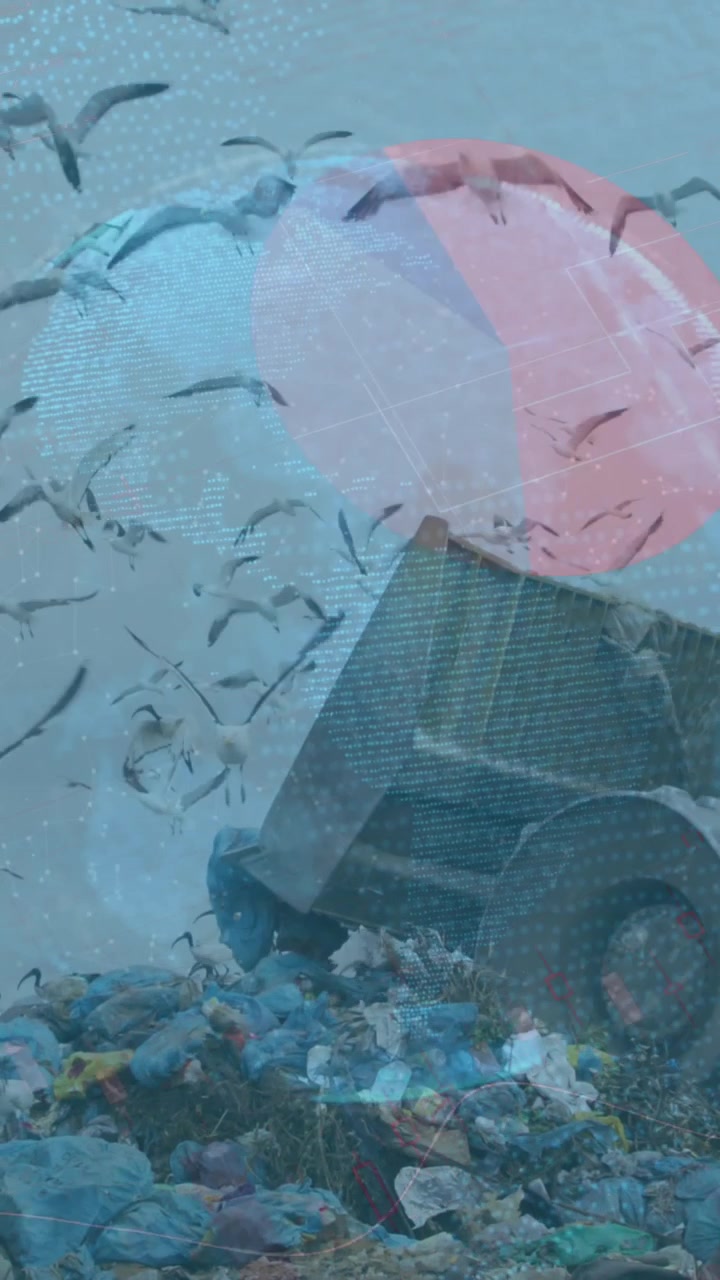 Animazione di un globo con statistiche ed elaborazione dati sopra un bulldozer in un terreno desolato.