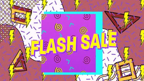 Animation-of-flash-sale-text-in-yellow-letters-over-brightly-coloured-retro-pattern