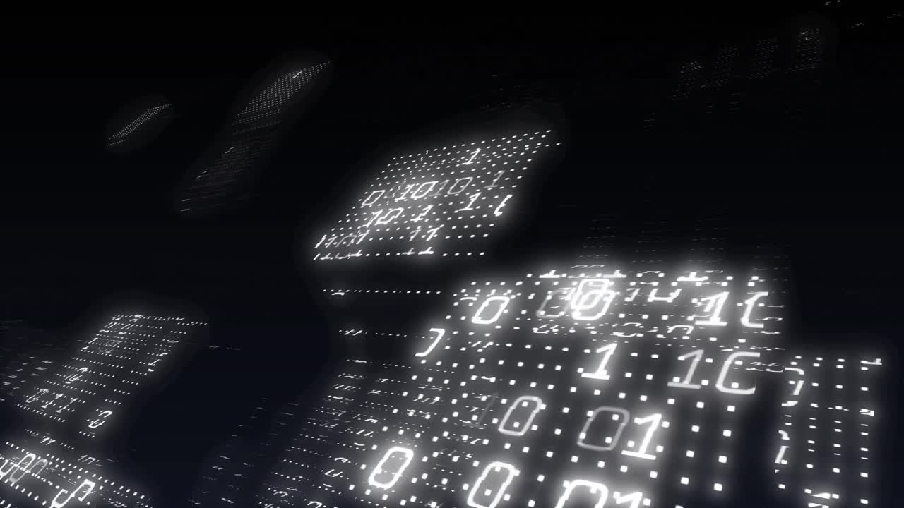Animation of binary coding data processing over screens on black background