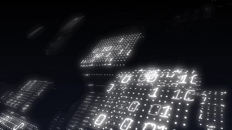 Animation of binary coding data processing over screens on black background