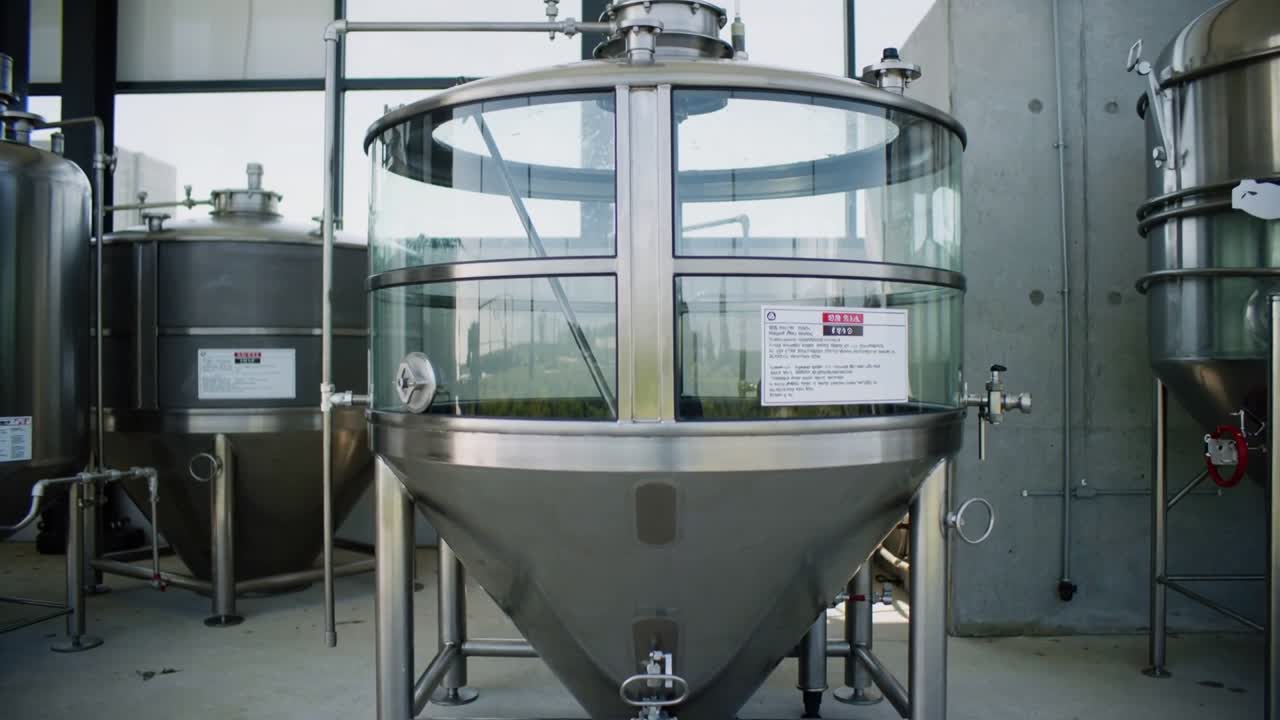 Moving camera approaching stainless-steel conical tank at plant, revealing glass top, label, gauge