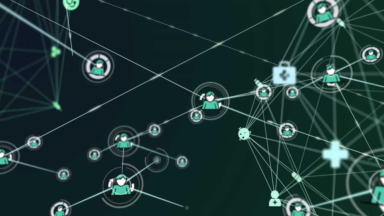 graphic designers creating health network, highlighting user nodes, glowing lines, medical symbols