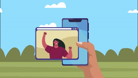 animación de videoconferencia con mujer en teléfono inteligente