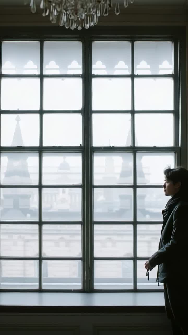 Vertical video: Entering from right man walking by window examining keys in coat scarf, copy space