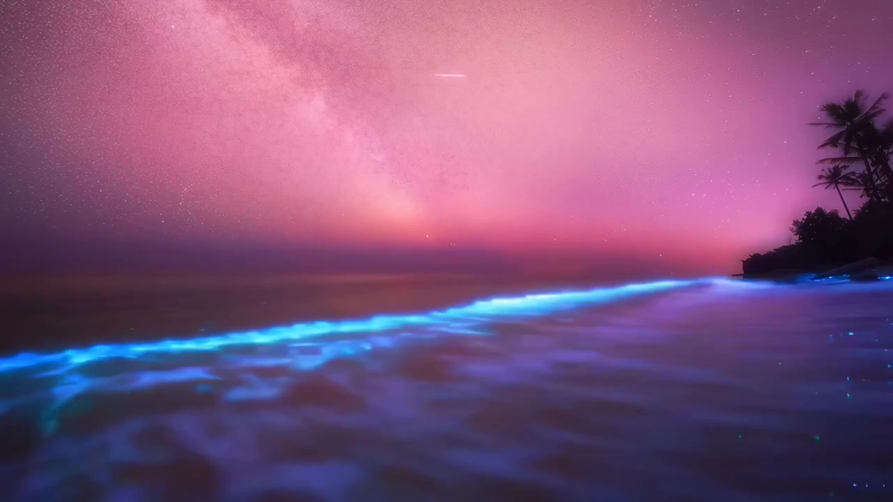Onde bioluminescenti che si infrangono su una spiaggia tropicale sotto la Via Lattea