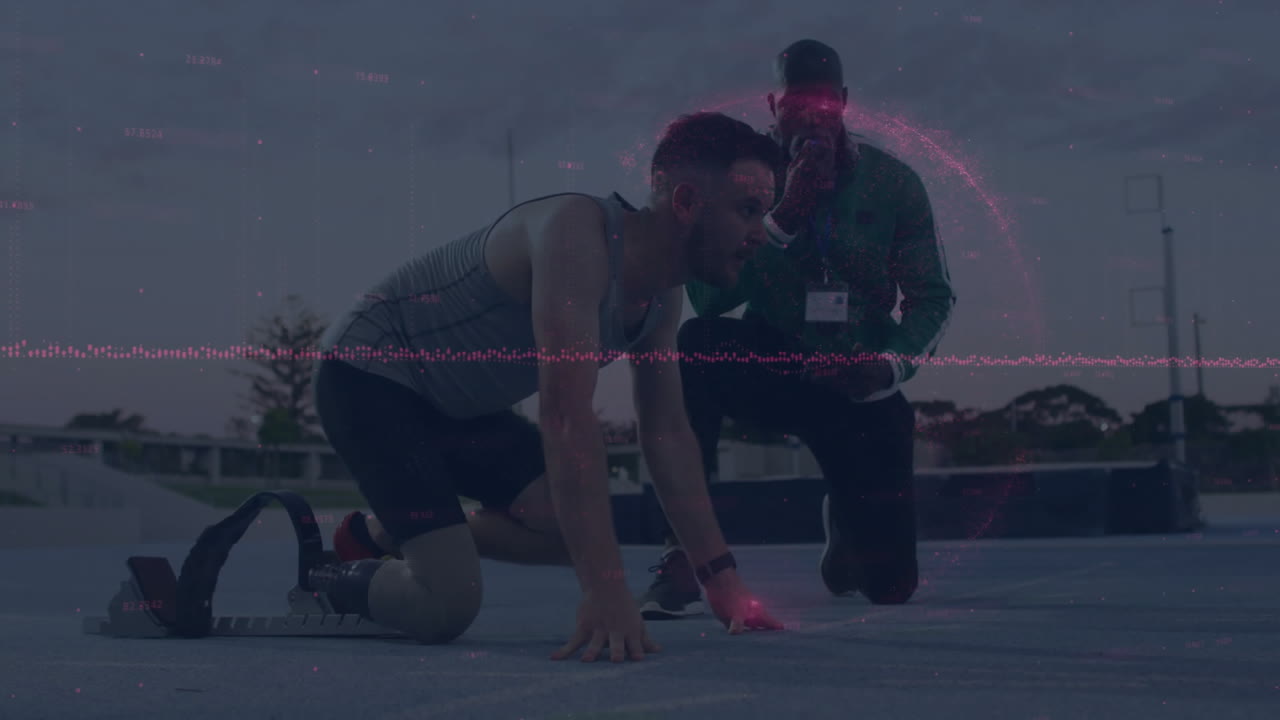 Male athlete kneeling with prosthetic blade on track in health training, coach timing with graph